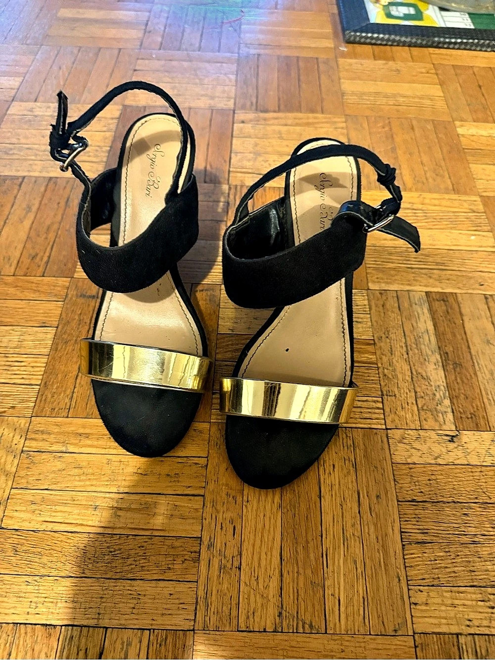Sergio Bari Black Gold-Tone Block Heel Sandals